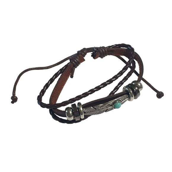 Braided Leather Feather Bracelet Blue Bead Adjustable Brown Band Tribal Design - Picture 1 of 4